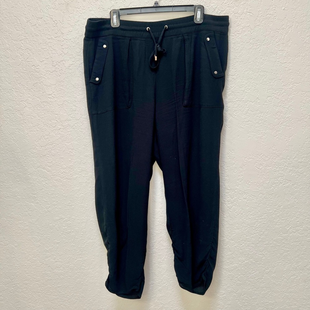 Blue Earth Black Rayon Ruched Hem Cropped Pants Size L BE70143 Drawstring Pocket